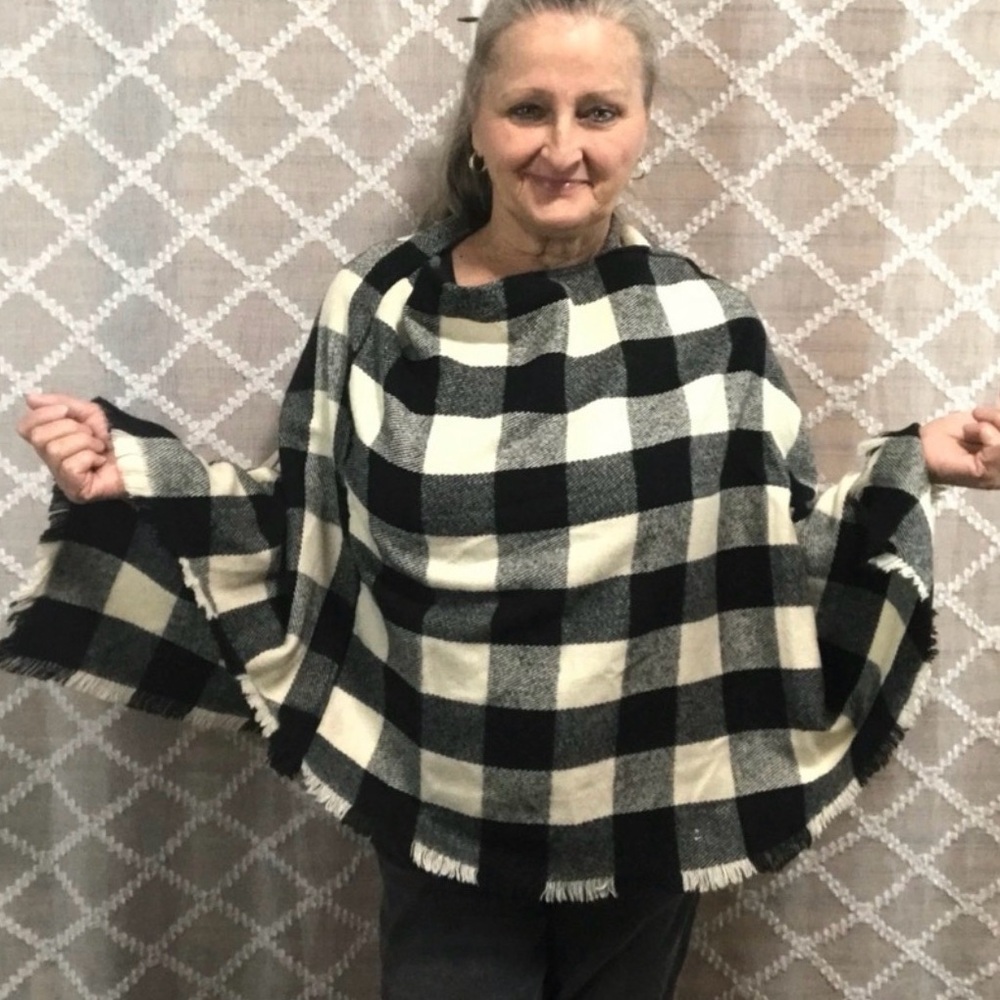 Black & Cream Buffalo Plaid Poncho with Fringe